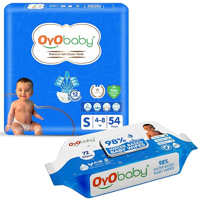 OYO BABY Baby Gentle Wet Wipes with Aloe Vera, 72 Wipes and OYO BABY All round Protection Pants, Small size baby diapers, 54 Count, Anti Rash diapers, Lotion with Aloe Vera