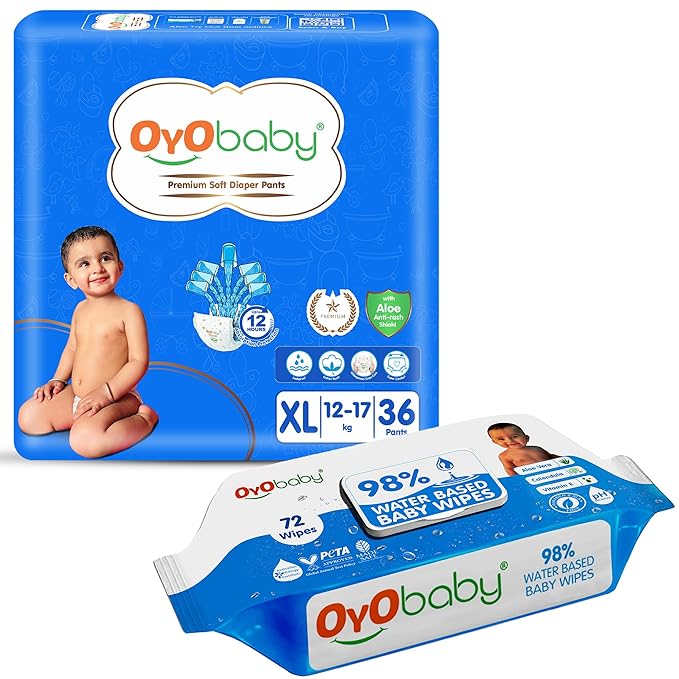 OYO BABY Diapers | Long Lasting Dry Night & Comfortable Sleep Style Diaper Pants, 36 Count (Pack of 1), & OYO BABY Soft Cleaning with Aloe Vera Baby Wipes Lids 72 Counts (Combo Pack)