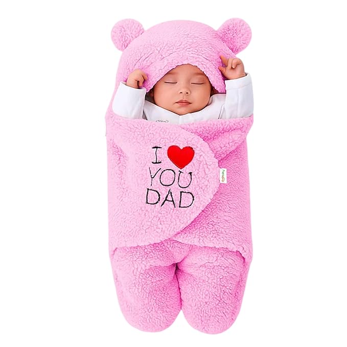 OYO BABY Newborn Baby Hooded Swaddle Blanket – Embroidered Wearable Wrapper Sleeping Bag (0-6 Months,72x68, I Love DAD, Pink