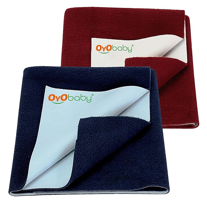 OYO BABY Extra Absorbent Waterproof Baby Dry Sheet Medium Size (100x70cm) – Pack of 2 – Quick Dry Sheet for Bed Protector, Soft & Breathable Dark Blue + Maroon