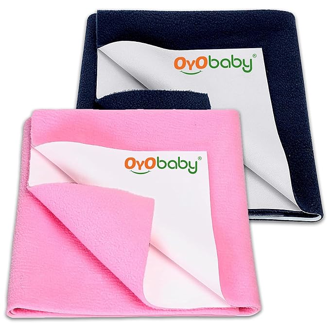 OYO BABY Extra Absorbent Waterproof Baby Dry Sheet Medium Size (100x70cm) – Pack of 2 – Quick Dry Sheet for Bed Protector, Soft & Breathable Dark Blue + Pink