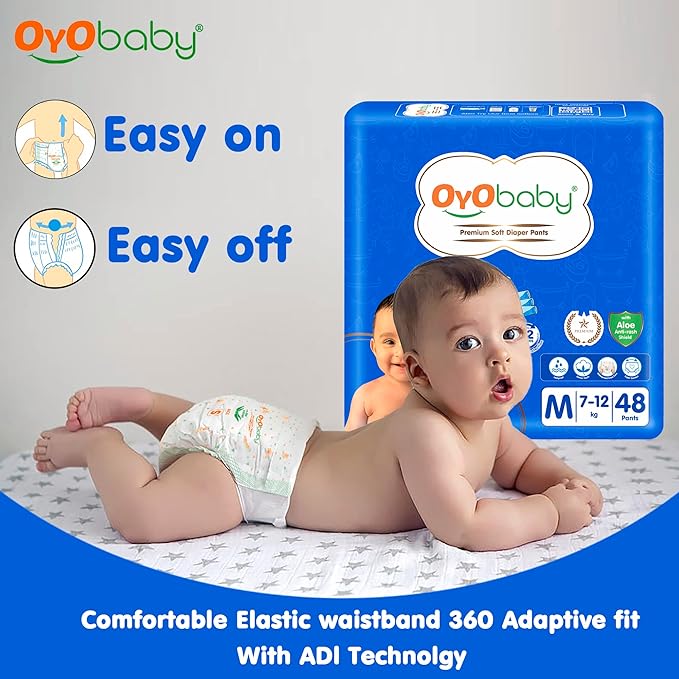 OYO BABY Baby Diaper Pants M Size (Medium), with Aloe Vera Lotion for Rash Protection, Pack of 48 Count, with Upto 12Hr Protection for Babies of 7 to 12Kg