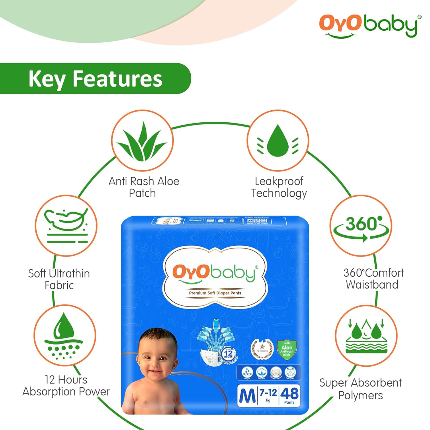 OYO BABY Baby Diaper Pants M Size (Medium), with Aloe Vera Lotion for Rash Protection, Pack of 48 Count, with Upto 12Hr Protection for Babies of 7 to 12Kg