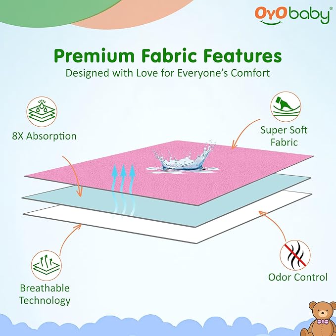 OYO BABY Extra Absorbent Waterproof Baby Dry Sheet Medium Size (100x70cm) – Pack of 2 – Quick Dry Sheet for Bed Protector, Soft & Breathable Pink + Blue