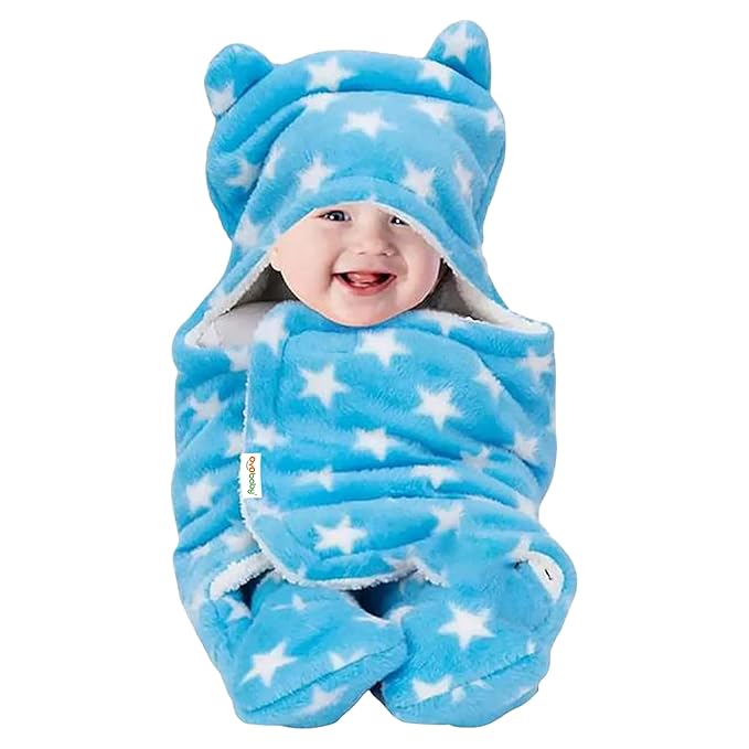 OYO BABY Ultra-Soft Star Print Swaddle Wrap Blanket with Hood & Booties – Blue, 0–6 Months | Warm Sleeping Bag & Wearable Swaddle for Newborns, Cozy Baby Blanket & Essential Nursery Item, 72×68 cm