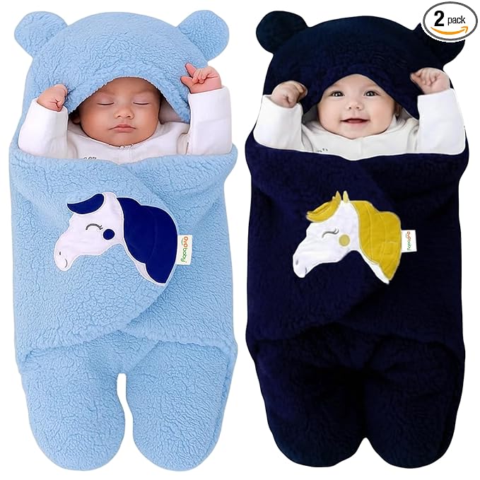 OYO BABY Newborn Baby Blanket Gift Combo Pack – Wearable Flannel Hooded Swaddle Wrapper Blanket (0-12 Months,72x68cm), Blue & Dark Blue, Skin-Friendly