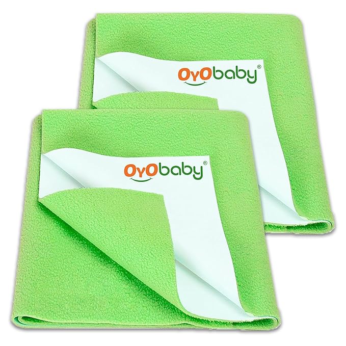 OYO BABY Newborn Dry Sheet Waterproof | Small Baby Bed Protector 70×50 cm (Pack of 2) | Soft, Quick Dry & Extra Absorbent Mattress Protector | Reusable Anti-Piling Fleece Underpad - Light Green