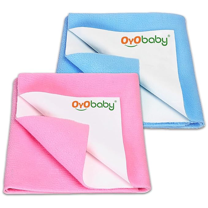 OYO BABY Extra Absorbent Waterproof Baby Dry Sheet Large Size (140x100cm) – Pack of 2 – Quick Dry Sheet for Bed Protector, Soft & Breathable Pink + Blue