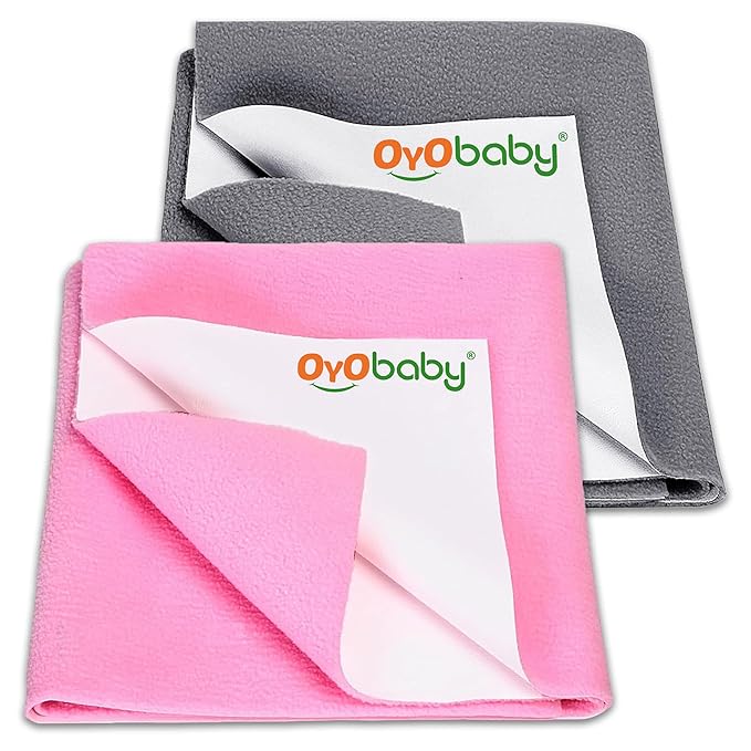 OYO BABY Waterproof Dry Sheet Medium Size 100×70 cm Pack of 2 | Reusable, Quick-Dry, Soft and Breathable Bed Protectors for 0-12 Month Olds - Grey + Pink