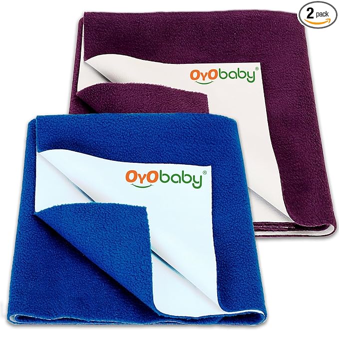 OYO BABY Extra Absorbent Waterproof Baby Dry Sheet Medium Size (100x70cm) – Pack of 2 – Quick Dry Sheet for Bed Protector, Soft & Breathable Royal Blue + Plum