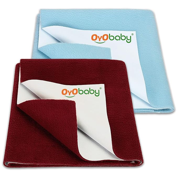 OYO BABY Extra Absorbent Waterproof Baby Dry Sheet Medium Size (100x70cm) – Pack of 2 – Quick Dry Sheet for Bed Protector, Soft & Breathable Sea Blue + Maroon