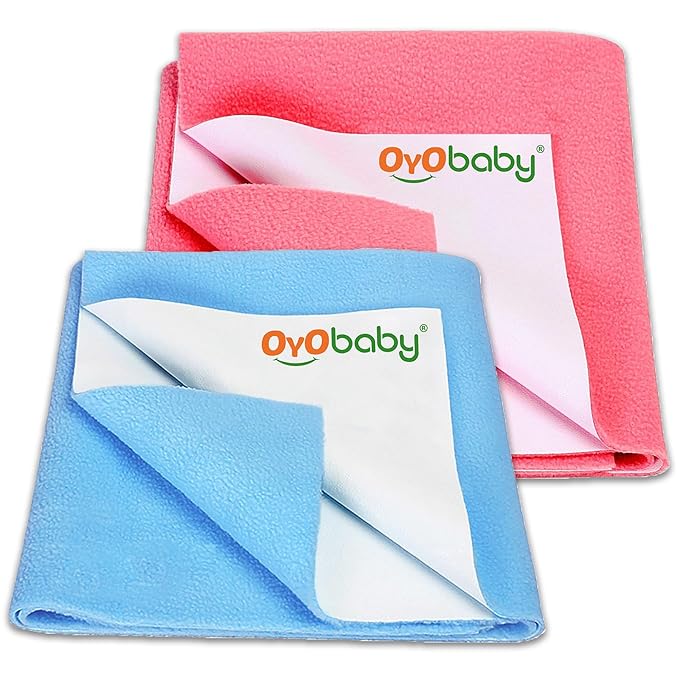 OYO BABY Extra Absorbent Waterproof Baby Dry Sheet | Quick Dry Sheet for New Born Baby Bed Protector, Soft & Breathable Rubber Sheet for Bed (Blue + Salmon Rose, Medium Combo 2)