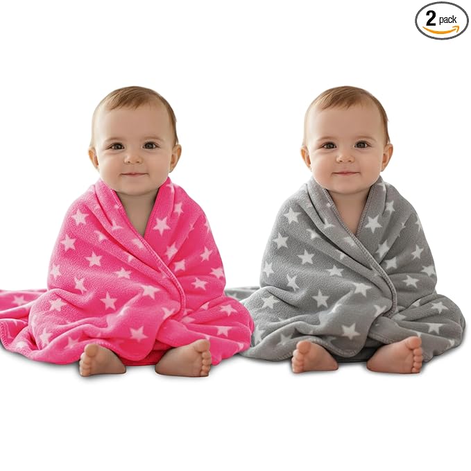 New Born Baby Blankets All Season Fluffy 2 Layered AC Wrapping Blanket for Baby Boys and Baby Girls, Toddlers | Reversible Blanket 100cm x 75cm (0-24 Months, Baby Pink & Grey, Star Printed)