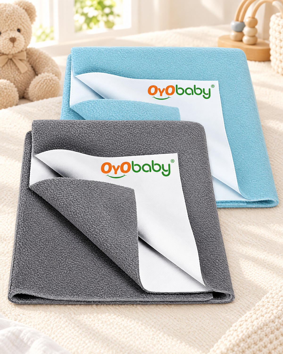 Medium Quick-Dry Mattress Protectors Pack of 2 | Waterproof Dry Sheets 100×70 cm | Soft, Breathable, Anti-Pilling for Infants 0-12 Months - Grey + Sea Blue