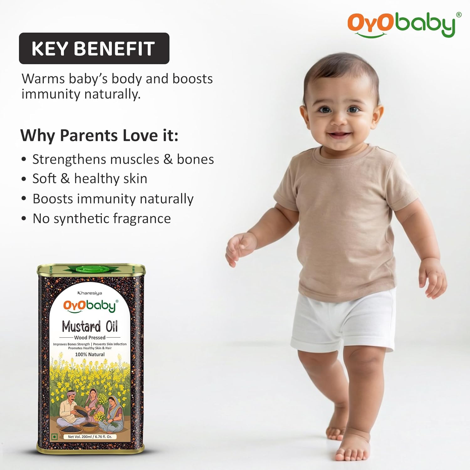 100% Natural Wood Pressed Baby Hair Oil for New Born With Mustard Baby Oil | Mustard Oil For New Born Baby Massage, Skin & Hair Care | 200ml
