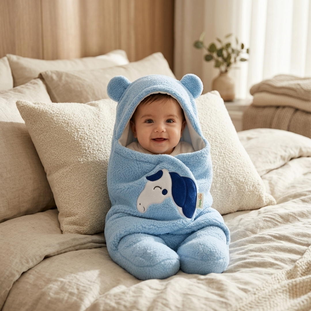 OYO BABY Newborn Baby Blanket Gift Combo Pack – Wearable Flannel Hooded Swaddle Wrapper Blanket (0-12 Months,72x68cm), Blue & Dark Blue, Skin-Friendly