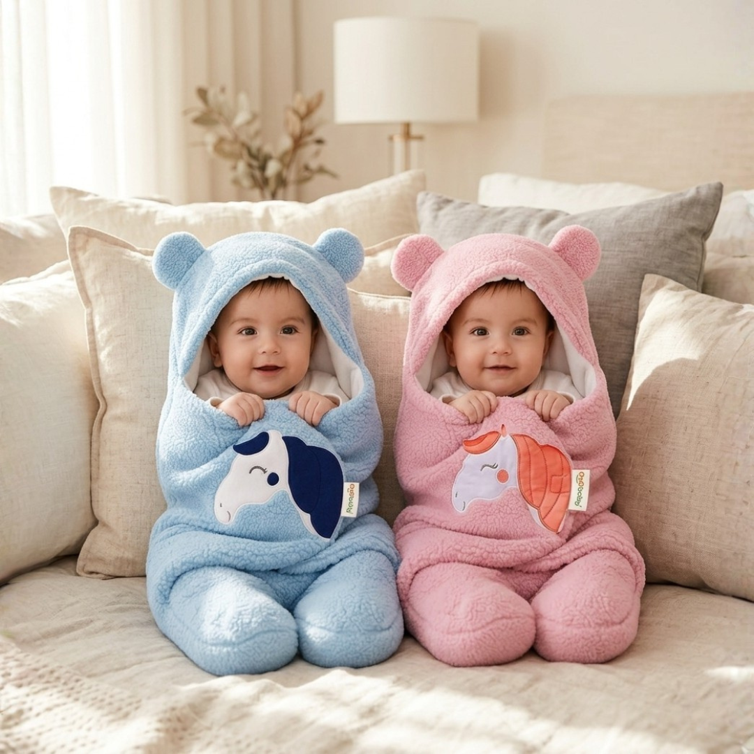 OYO BABY Newborn Baby Blanket Gift Combo Pack – Wearable Flannel Hooded Swaddle Wrapper Blanket (0-12 Months,72x68cm), Blue & Dark Blue, Skin-Friendly