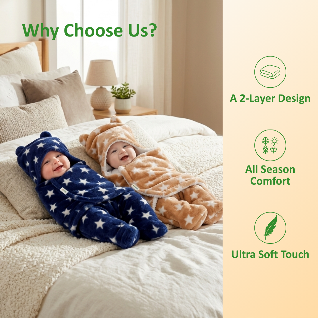 OYO BABY Ultra-Soft Baby Swaddle Wrap Blanket with Hood & Booties – Warm Fleece Sleeping Bag for Newborns (0–6 Months 72 * 68 cm) – Star Print, Grey & Blue