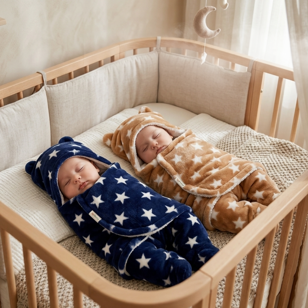 OYO BABY Ultra-Soft Baby Swaddle Wrap Blanket with Hood & Booties – Warm Fleece Sleeping Bag for Newborns (0–6 Months 72 * 68 cm) – Star Print, Grey & Blue