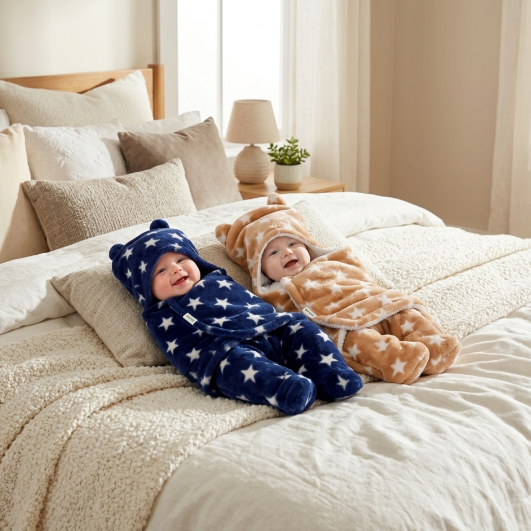 OYO BABY Ultra-Soft Baby Swaddle Wrap Blanket with Hood & Booties – Warm Fleece Sleeping Bag for Newborns (0–6 Months 72 * 68 cm) – Star Print, Grey & Blue