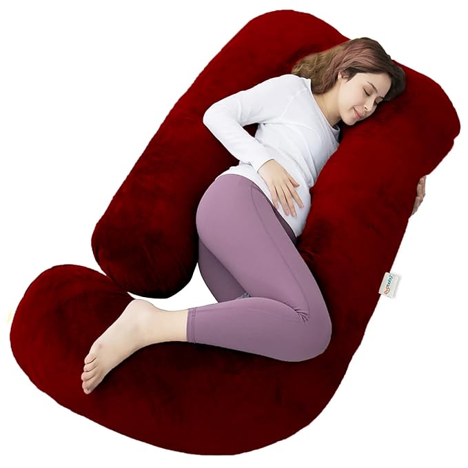OYO BABY Maternity Pillows for Pregnancy Sleeping | Maternity Pillow for Pregnant Women | 360-degree Full Body Support | J-Shape Pillow | Velvet (Maroon)