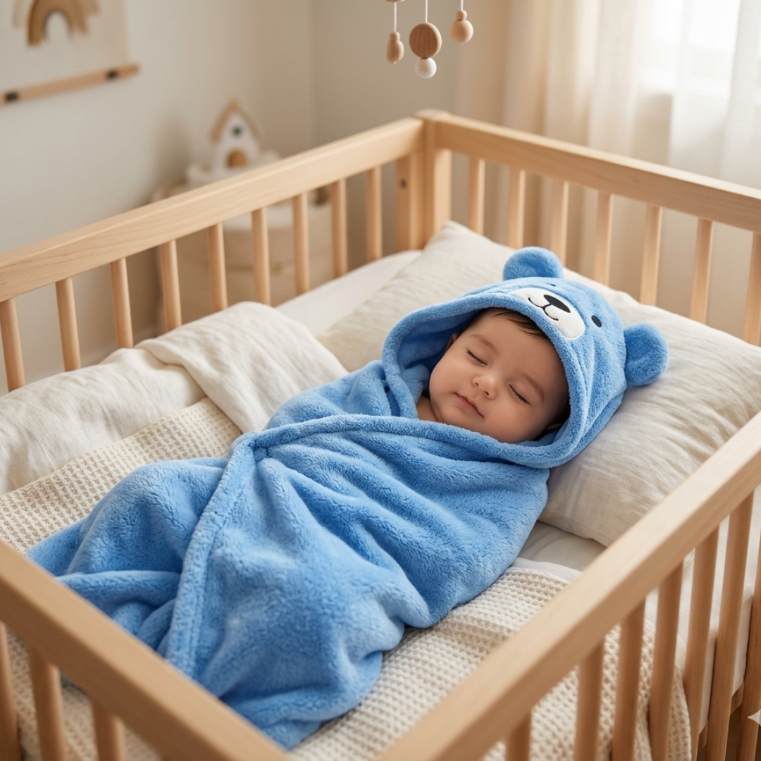 Newborn 3-in-1 Swaddle Blanket with Animal Hood – Soft All-Season Kids Blanket for (0–12 Months, 84x80cm), Skin-Friendly, Blue Bear Design, Perfect Baby Shower Gift