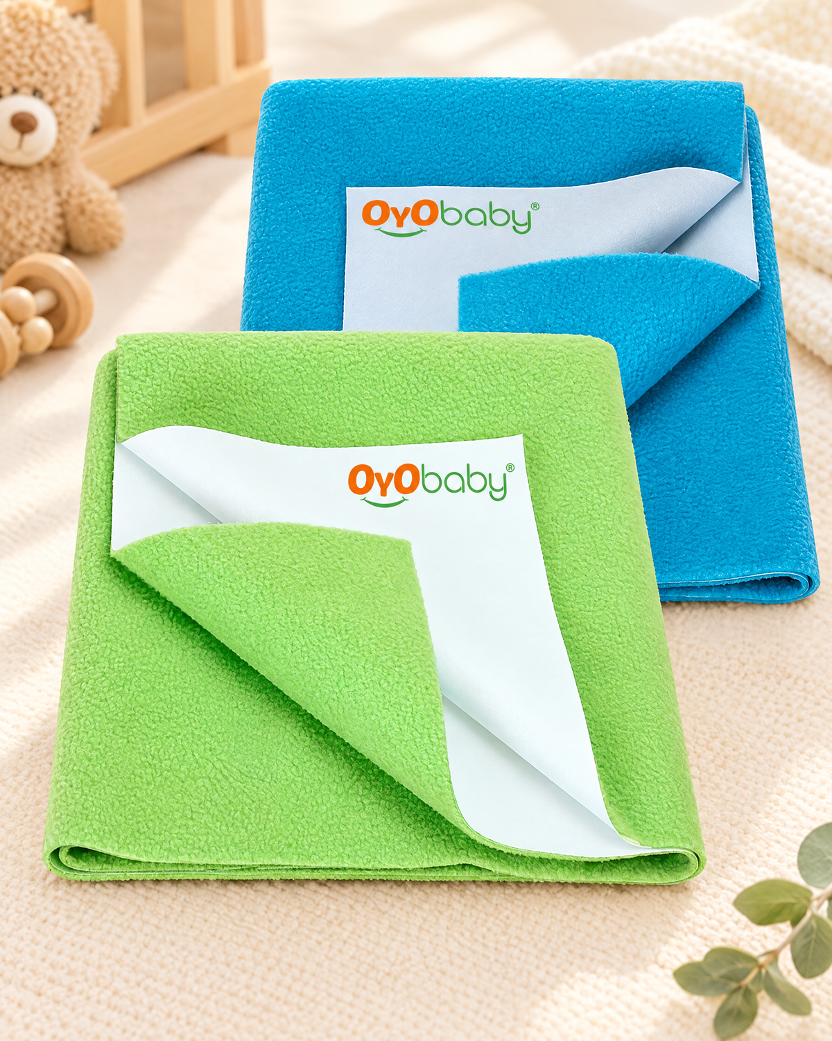 Baby Waterproof Baby Bed Protector Wollen Blend Dry Sheets For New Born Babies | Reusable Mats | Cot & Bassinet Gift Pack, Size : 70Cm X 50Cm | Light Green + Firoza.