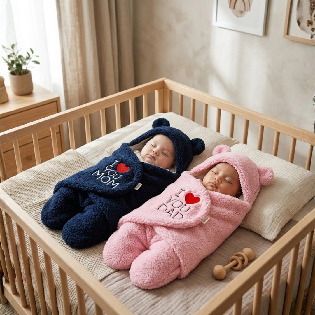 OYO BABY Newborn Hooded Swaddle Blanket Combo – Wearable Wrapper Sleeping Bags (0-6 Months, 72x68cm), Blue & White, I Love MOM & PAPA Embroidery