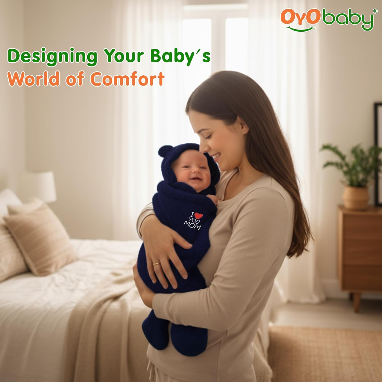 OYO BABY Newborn Baby Hooded Swaddle Blanket Combo – 2 Pcs Embroidered Wearable Wrappers/Sleeping Bags (0-6 Months, 72x68 cm) - Blue +Dark Blue, I Love Mom
