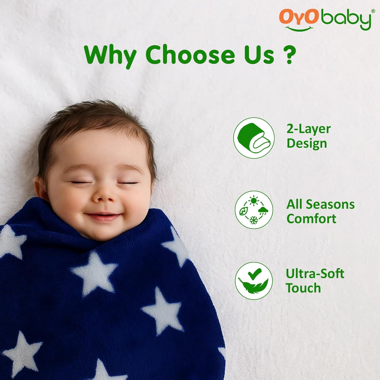 OYO BABY Baby Blankets Combo | for New Born Babies Baby Boys, Baby Girls, Babies for 0-6 Months, Fleece, Skin Friendly, 2 Blankets (Star Dark Blue Square + Star Grey Hooded)