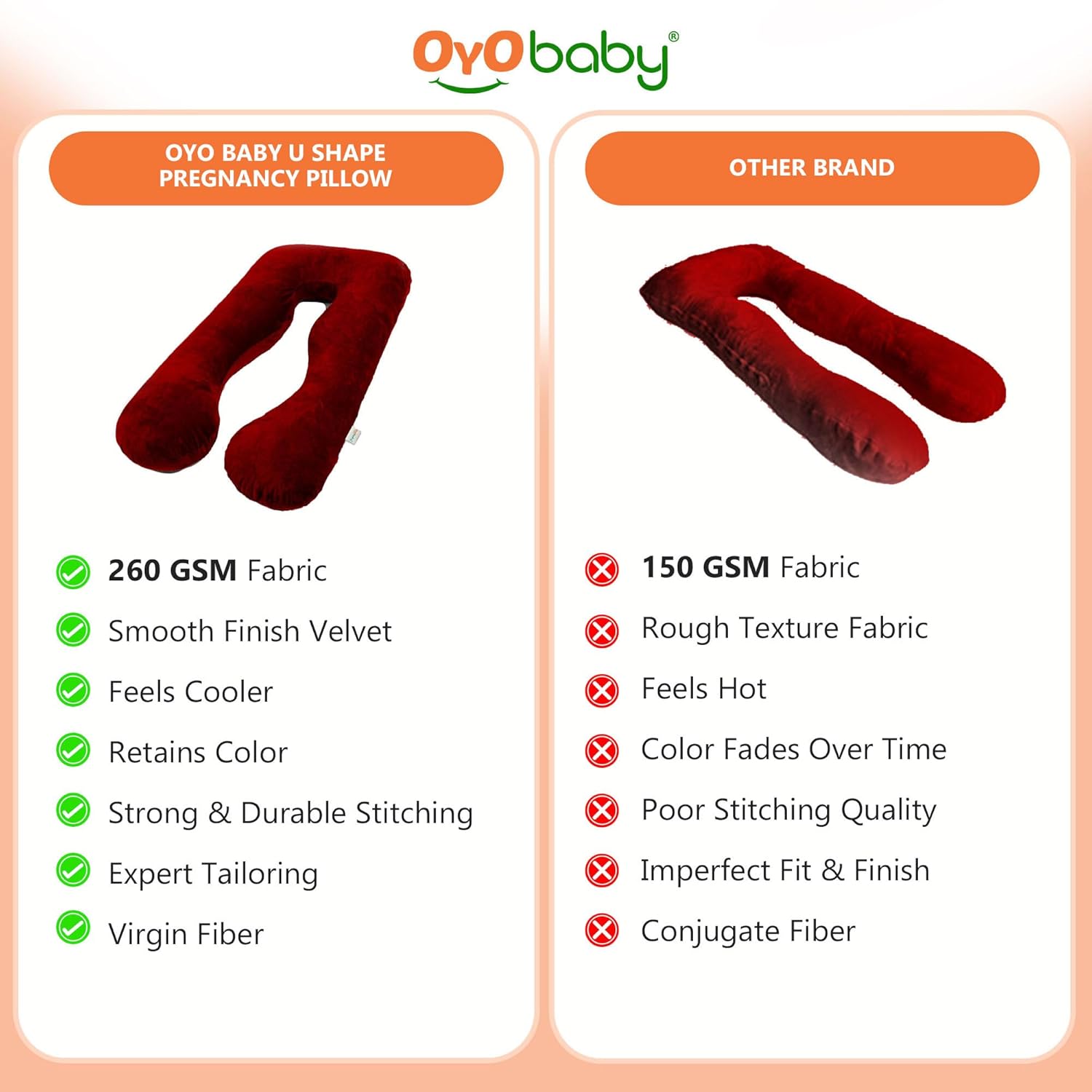 OYO BABY Maternity Pillows for Pregnancy Sleeping | Pregnancy Pillows for Sleeping, Maternity Pillow for Pregnant Women, U-Shaped Pillow, Washable Premium Velvet Cover (Maroon)