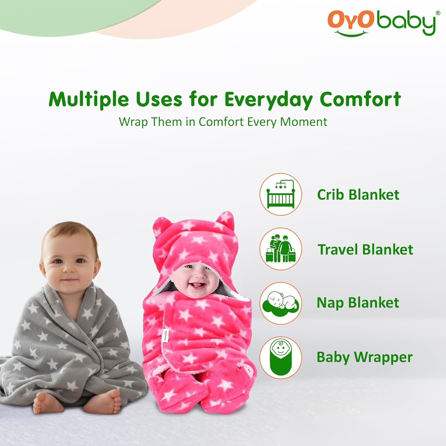 OYO BABY Newborn Baby Blanket Combo Pack – 2 Pcs Super Soft Micro Fleece Wrapper/Sleeping Bag (0-6 Months, 72x68 cm, Pink & Dark Blue, Skin-Friendly, Boys & Girls)