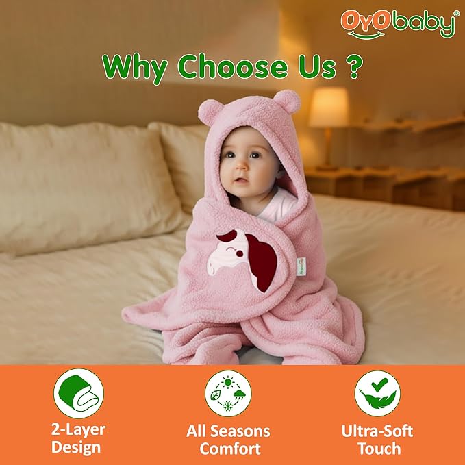 OYO BABY Super Soft Flannel Hooded Swaddle Blanket for Newborn Babies – Lightweight Wrap (0-6 Months, 72x68 cm) - Pink