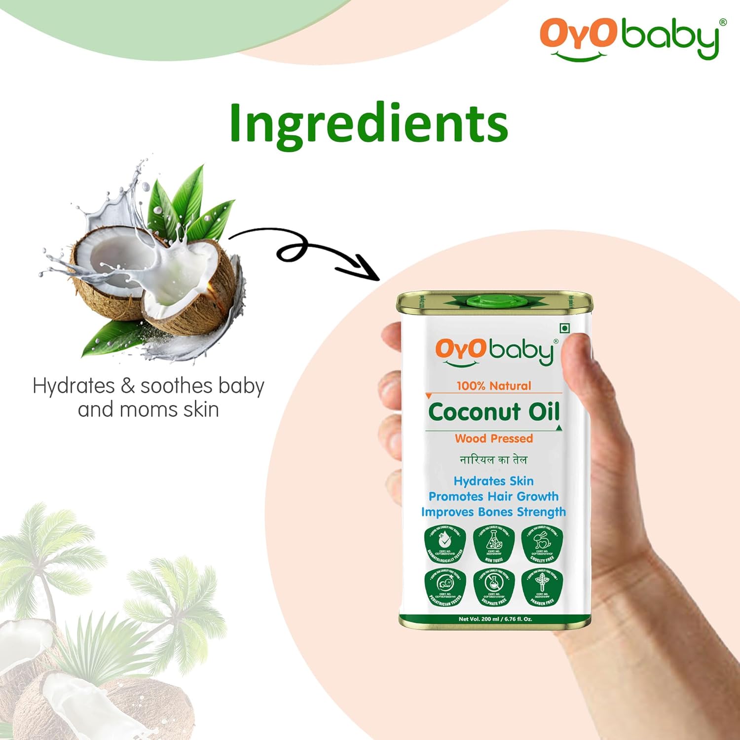 OYO BABY Massage Oil 100% Pure & Natural Coconut Baby Oil  | Faster Physical Growth for Stronger Bones and Muscles | Wood Pressed Baby Hair Oil