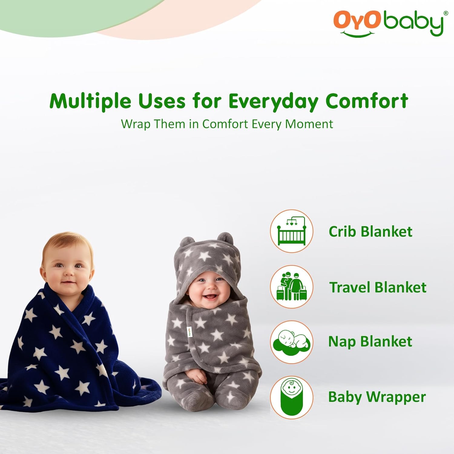 OYO BABY Baby Blankets Combo | for New Born Babies Baby Boys, Baby Girls, Babies for 0-6 Months, Fleece, Skin Friendly, 2 Blankets (Star Dark Blue Square + Star Grey Hooded)