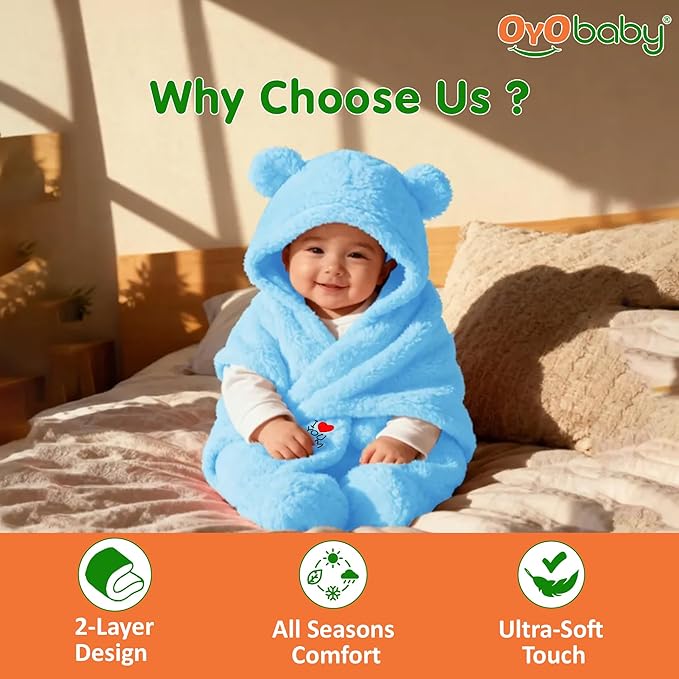 OYO BABY Newborn Baby Hooded Swaddle Blanket – Security Embroidered Wearable Wrapper Sleeping Bag (0-6 Months, 78x68cm, I Love MOM, Blue)