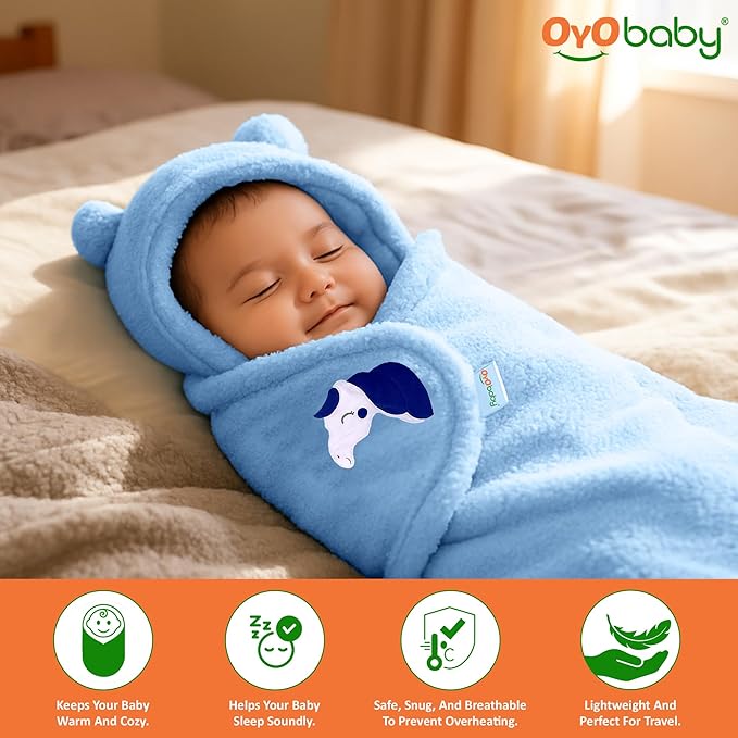 OYO BABY Super Soft Flannel Hooded Swaddle Blanket for Newborn Babies – Lightweight Wrap (0-6 Months, 72x68 cm) - Blue