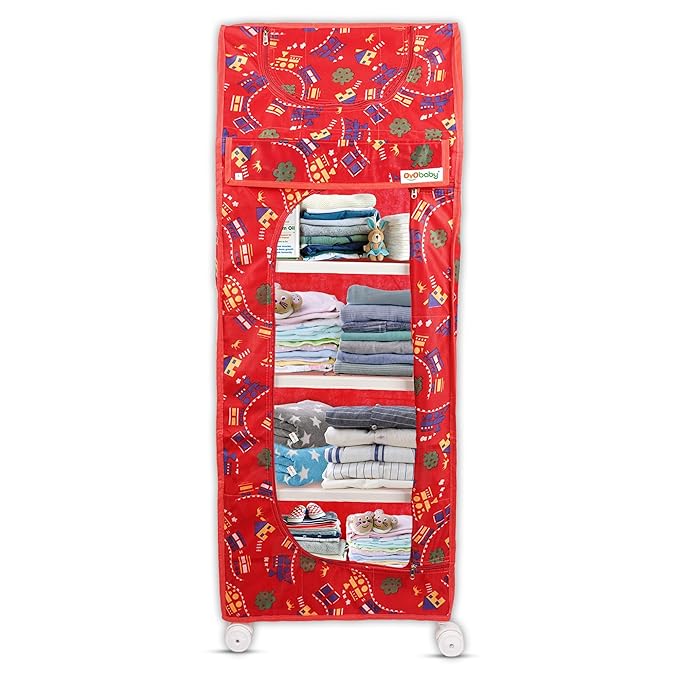 OYO BABY Kids Wardrobe for Storage 5 Shelves | Heavy Duty Plastic Almirah for Baby Clothes, Toys & Books Rack | Compact Storage Organizer for Nursery/Bedroom [Printed - Red]