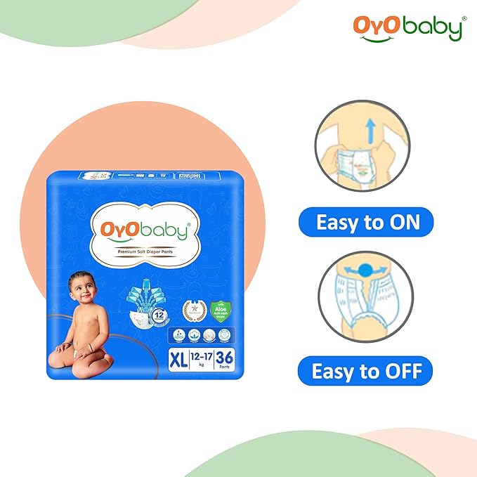 OYO BABY Pant Style Baby Diapers, X-Large (XL), 36Count, for Babies 12-17kg, with Aloe Vera Lotion for Rash Protection & Up to 12 Hours Protection