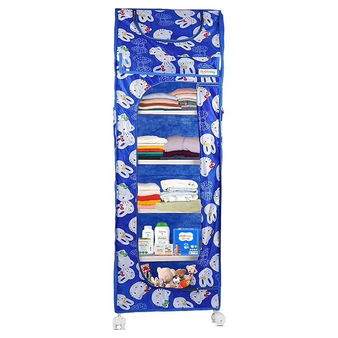 OYO BABY Kids Wardrobe for Storage 6 Shelves | Heavy Duty Plastic Almirah for Baby Clothes, Toys & Books Rack | Compact Storage Organizer for Nursery/Bedroom [Cartoon Printed - Blue]