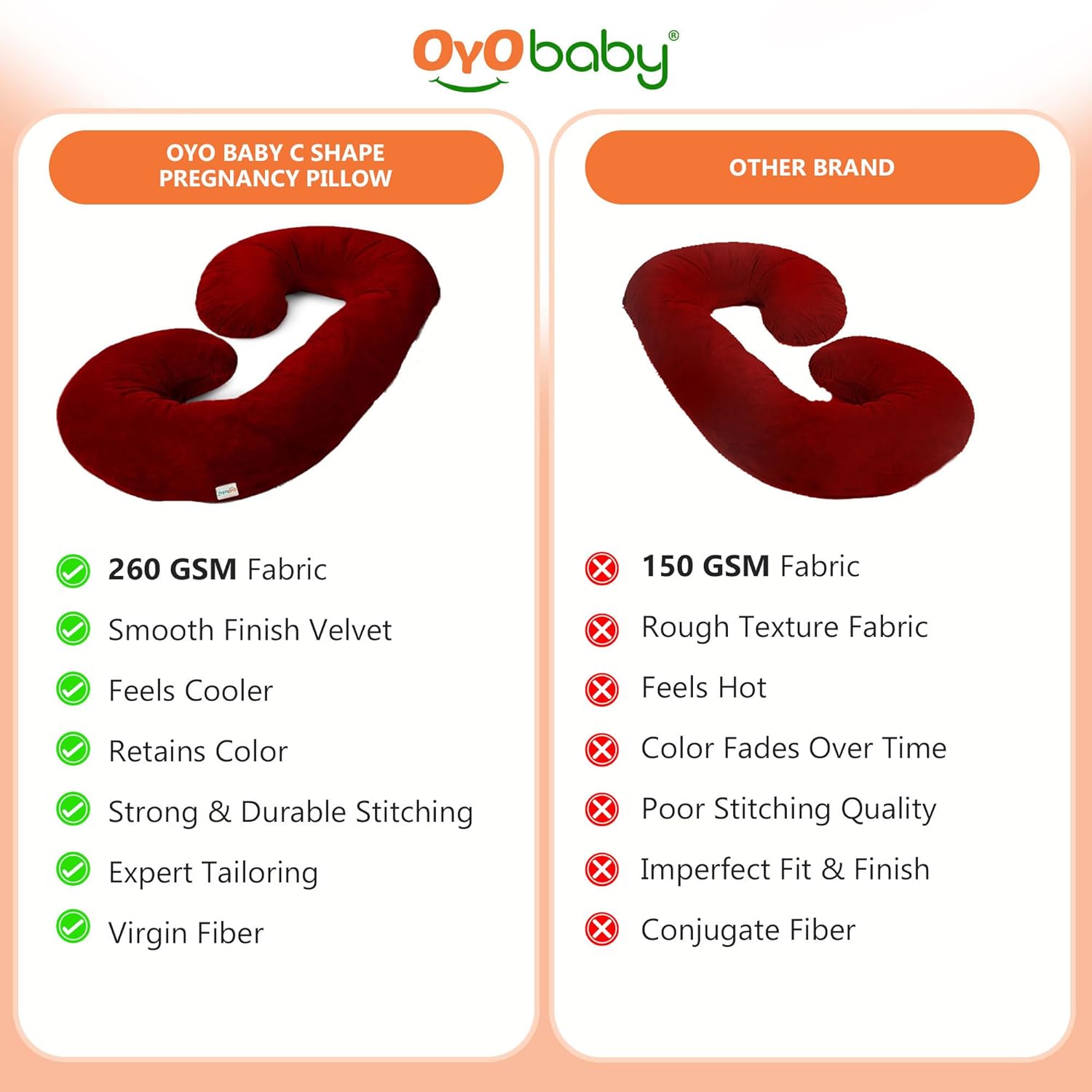 OYO BABY C Shaped Pregnancy Pillow for Sleeping, Maternity Pillow for Pregnant Women with Washable Premium Velvet Cover (Maroon)