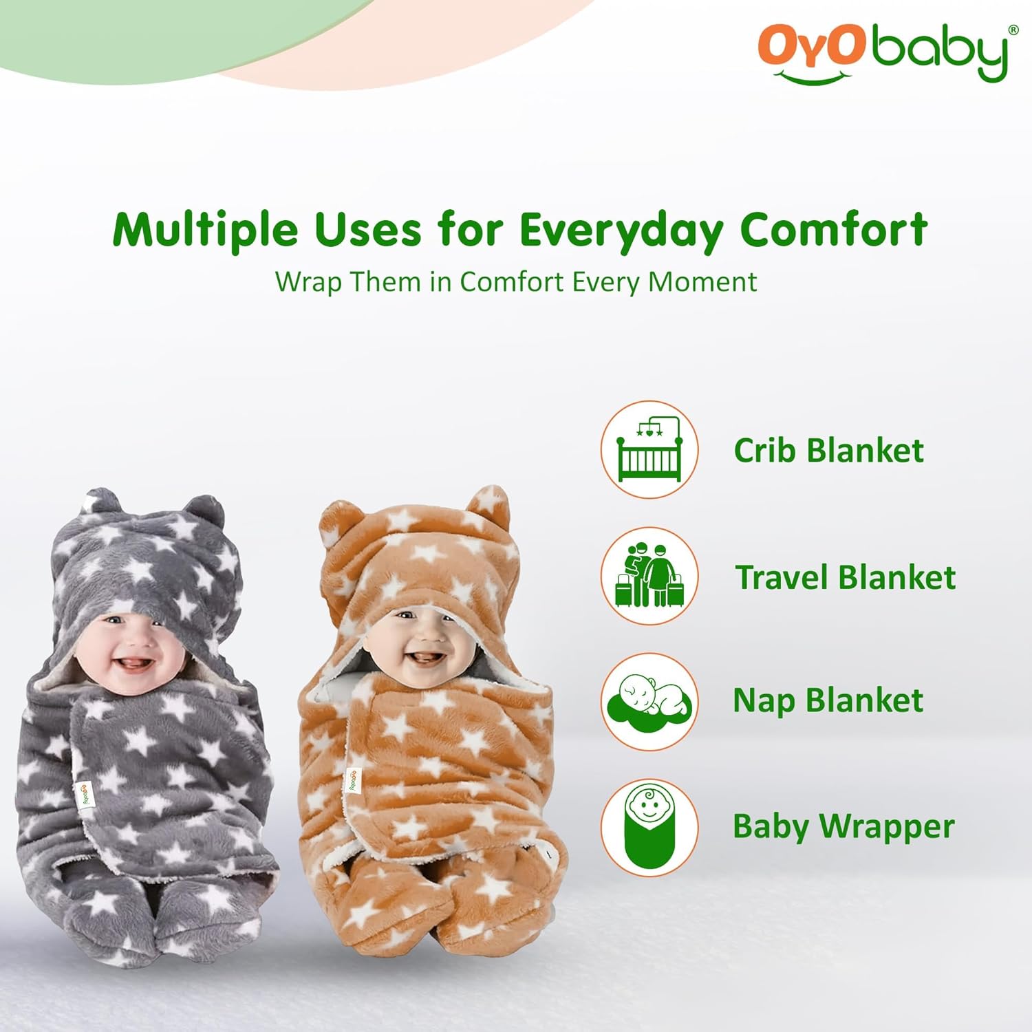 OYO BABY Ultra-Soft Baby Swaddle Wrap Blanket with Hood & Booties – Warm Fleece Sleeping Bag for Newborns (0–6 Months 72 * 68 cm) – Star Print, Beige & Grey