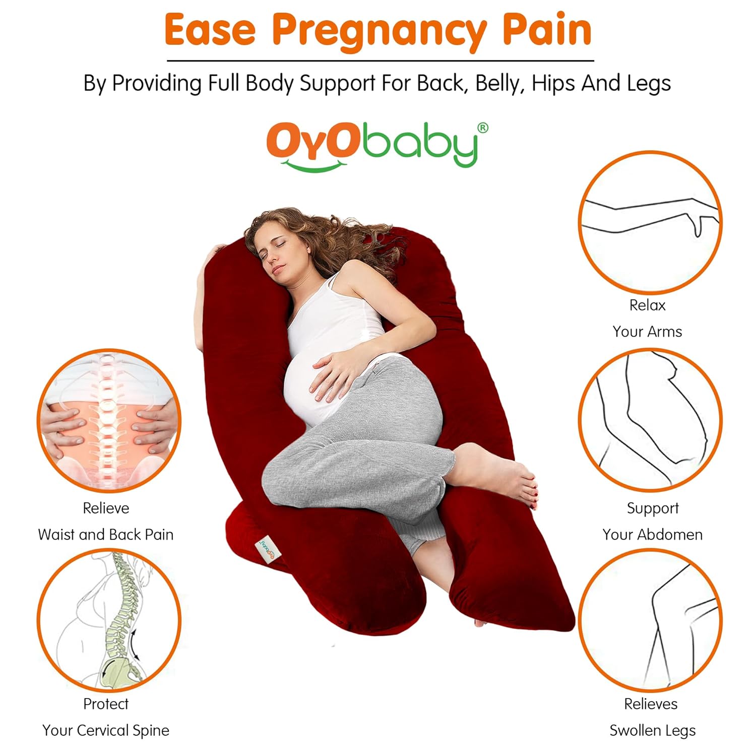 OYO BABY Maternity Pillows for Pregnancy Sleeping | Pregnancy Pillows for Sleeping, Maternity Pillow for Pregnant Women, U-Shaped Pillow, Washable Premium Velvet Cover (Maroon)