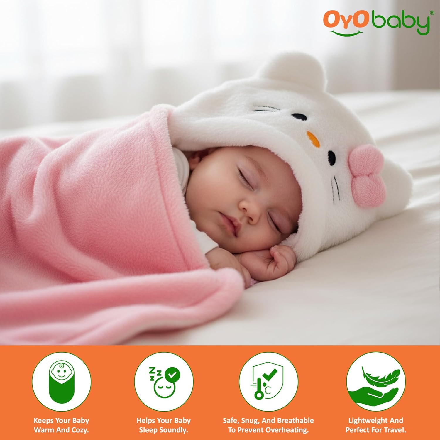 OYO BABY Soft Cotton Baby Blanket Pack – Pink Kitty & Dad Pink, 0–12 Months | Gentle & Breathable Infant Swaddle Wrap, Cozy Newborn Blanket for Sleep, Travel & Nursery, Perfect Baby Shower Gift