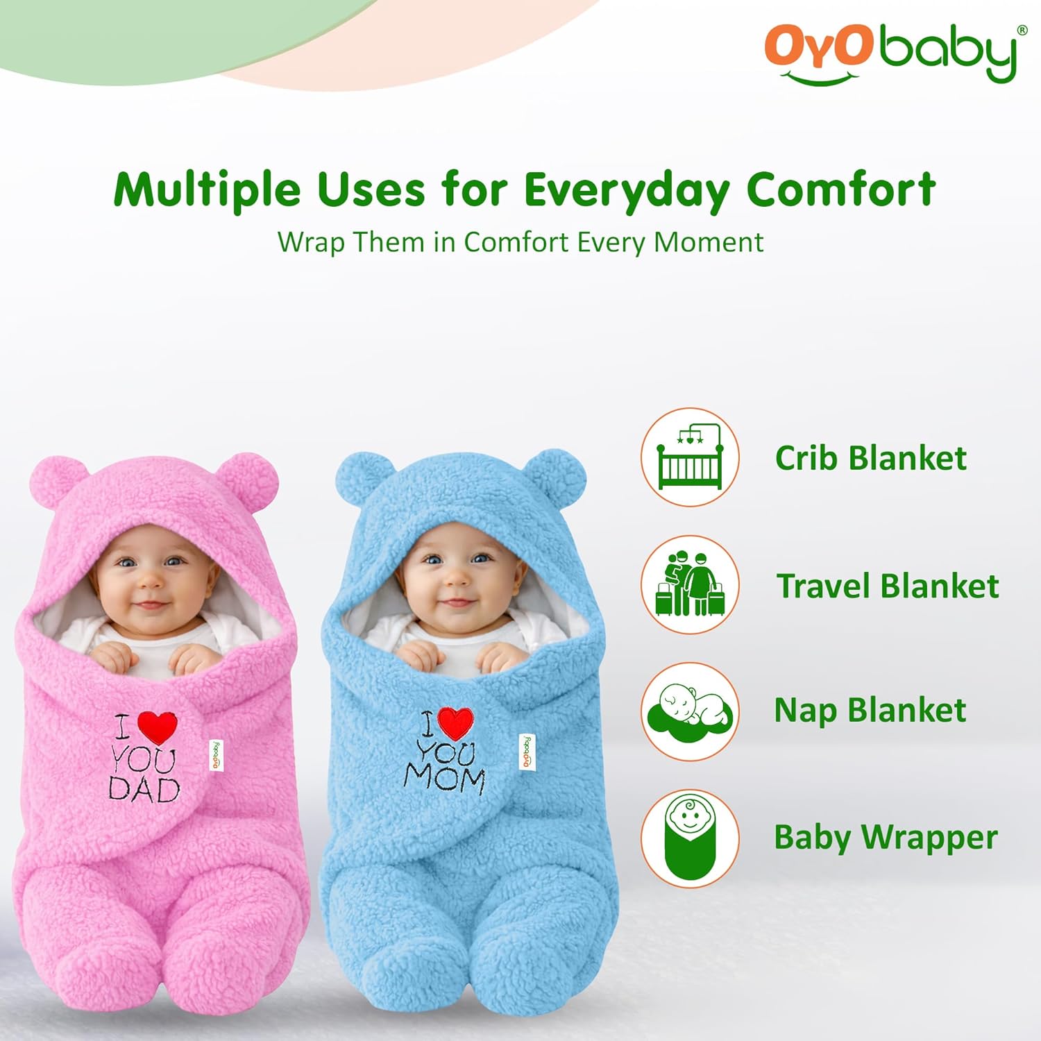 OYO BABY Newborn Baby Hooded Swaddle Blanket Combo Pack – 2 Pcs Embroidered Wearable Wrappers/Sleeping Bags (0-6 Months, Pink & Blue, I Love DAD & MOM)