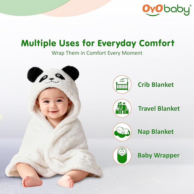 OYO BABY Newborn 3-in-1 Swaddle Blanket with Animal Hood – Soft All-Season Blanket for (0–12 Months, 84x80cm), Skin-Friendly, White Panda Design, Perfect Baby Shower Gift