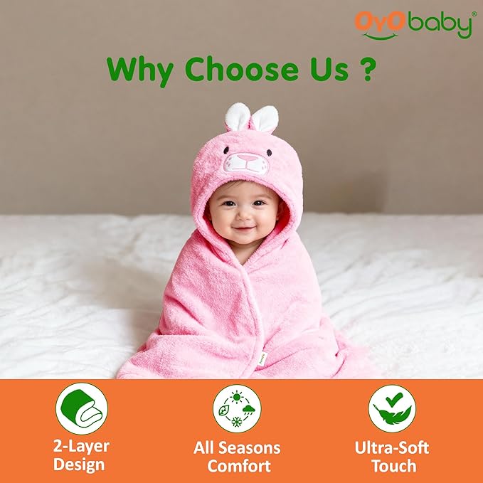 OYO BABY Baby's Super Soft Fleece Wrapper Rabbit Blanket Cum Towel Robe with Hood, Baby Swaddle Wrap, Size 80 x 80 CM, (Pink Rabbit)