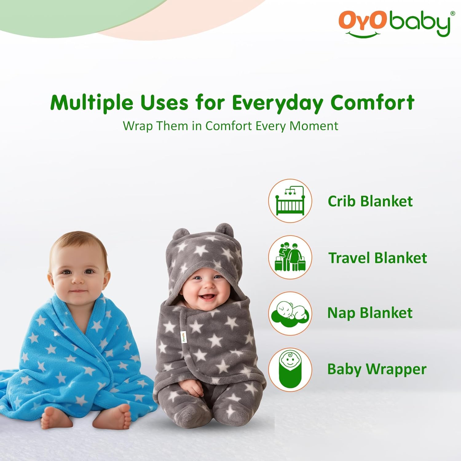 OYO BABY Baby Blankets Combo | for New Born Babies Baby Boys, Baby Girls, Babies for 0-6 Months, Fleece, Skin Friendly, 2 Blankets (Star Blue Square + Star Grey Hooded)