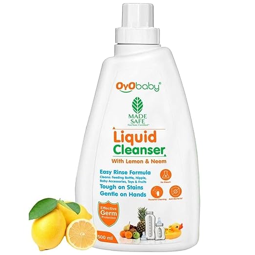 OYO BABY Liquid Cleanser for Baby Bottles, Nipples, Toys & Fruits | Lemon & Neem | Natural & Antibacterial Formula | Easy Rinse, Gentle on Hands