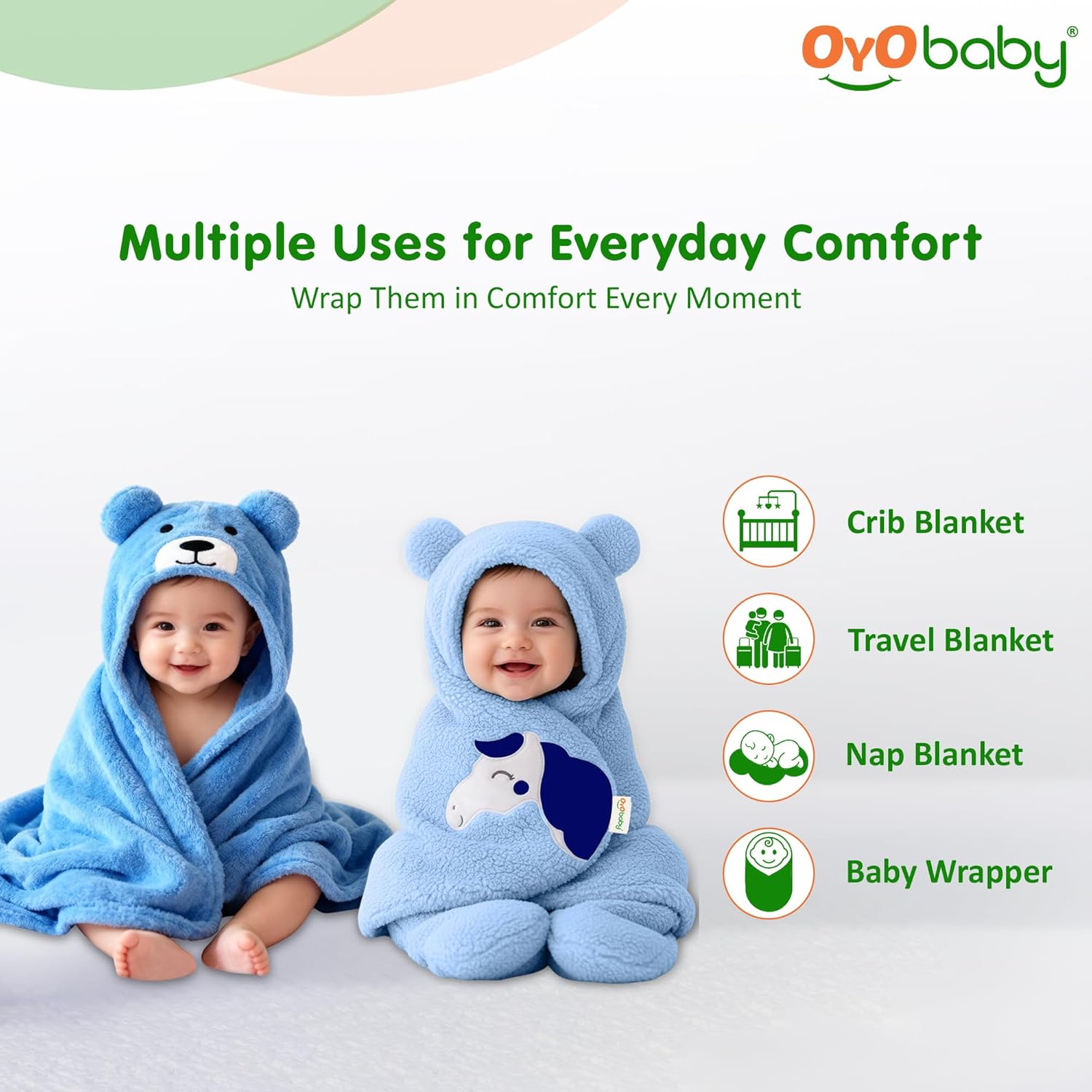 OYO BABY Newborn Baby Blanket Combo Pack – Hooded Sleeping Bag & Baby Blanket (0-12 Months, Bear Design & Unicorn Embroidery, Microfiber Fleece & Sherpa, (84x80 & 72x68 cm), Pack of 2